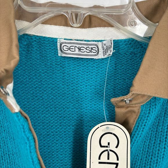 NWT VTG Genesis Small 80's Teal/Green/Blue LS Knit Sweater Tan Collar Deadstock - Picture 4 of 4